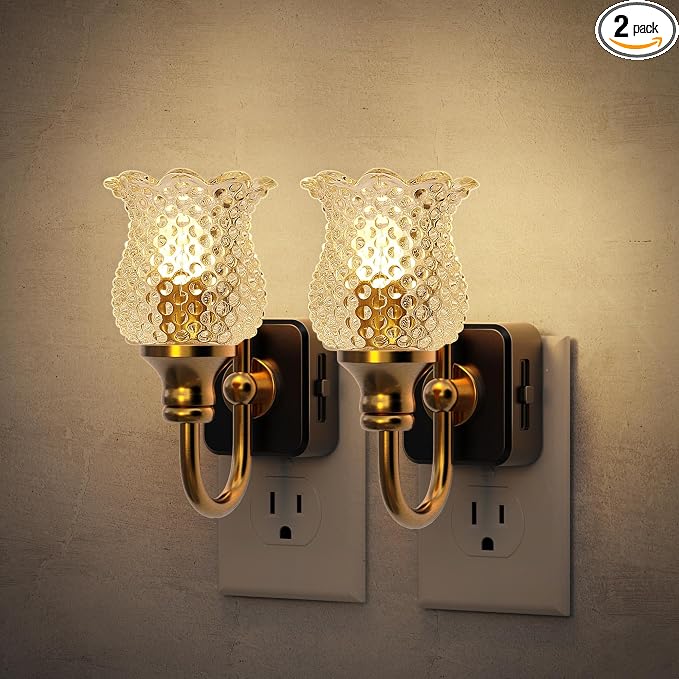 JandCase Night Light, Glass Night Lights Plug into Wall 2 Pack | Dimmable Floral LED Nightlight, 0-100LM Flower Nightlights, Dusk to Dawn Sensor, 1W Vintage Nite Light for Bathroom Gift by JandCase