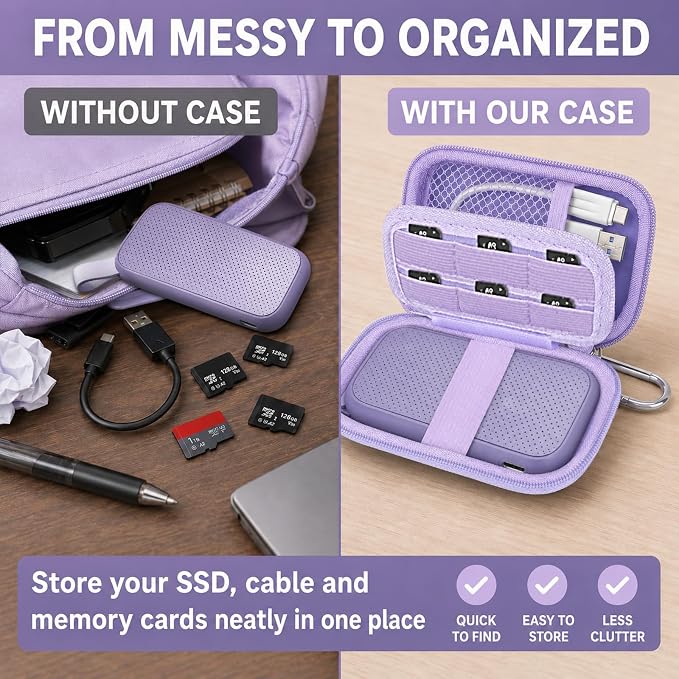 PAIYULE Hard Case for SanDisk Extreme Portable SSD & PRO,SD Card Pocket | Fits 250GB, 500GB, 1TB, 2TB and 4TB SSDs, with SD Card Pocket,Elastic Strap,Mesh Pocket and Carabiner, Case Only Purple - Image 5