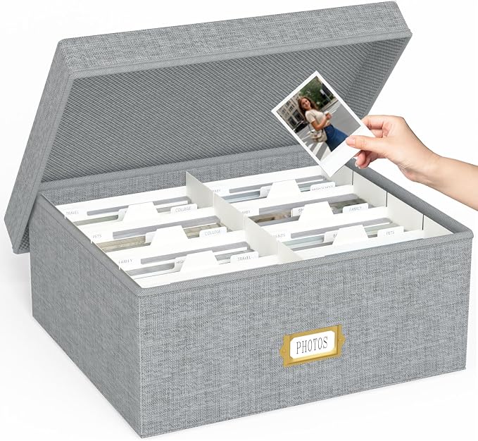Decorative Photo Storage Box, Linen Photo Box Holds 1700 4x6 Pictures Grey | Photo Storage Containers with 8 Dividers, Memory Keepsake Organizer for Photos, Scrapbook Supplies, Cards, Stamps,Archive Box by JOLENSOY