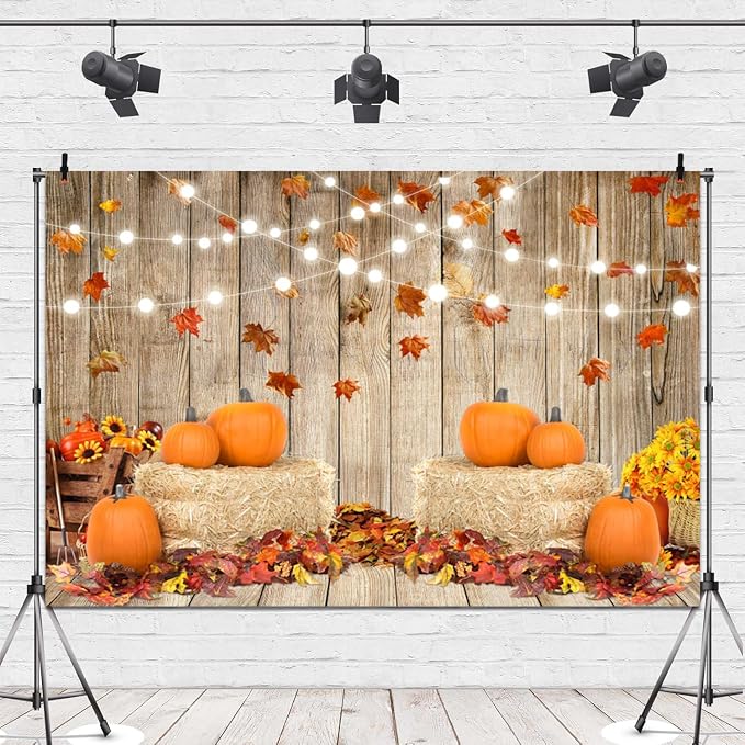 Autumn Thanksgiving Backdrop 10x8ft Rustic Barn Harvest Photography Background Barn Door Falling Maple Leaves Hay Bales Pumpkins Kids Baby Adult Portrait Shoot Fall Photo Booth Props - Image 4
