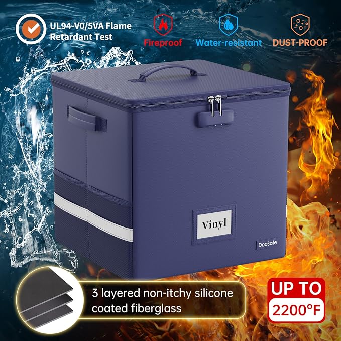 DocSafe Vinyl Record Storage Box with Lock, Fireproof＆Water Resistant Record Organizer for 100+ Single Records(12-inch), Collapsible Storage Crate with Lid&Handles for Valuable Album Collection, Blue - Image 2