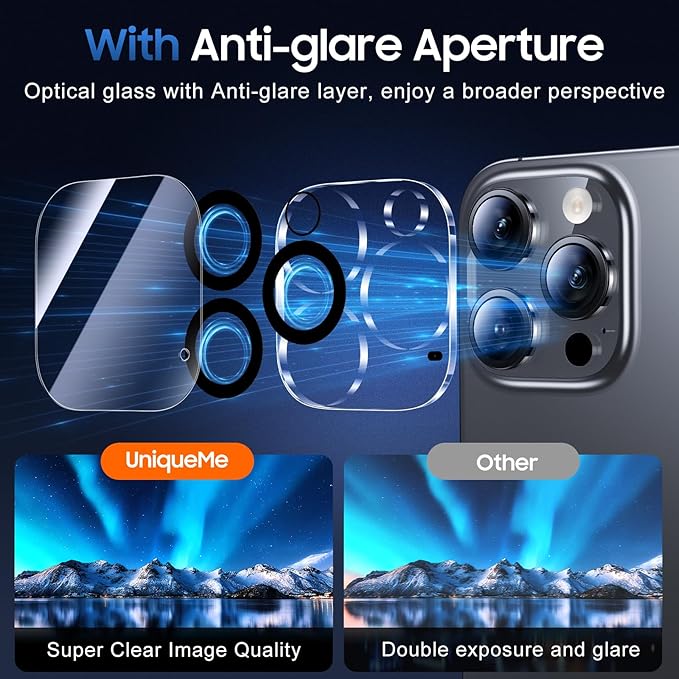 UniqueMe for 3 Pack iPhone 16 Pro/iPhone 16 Pro Max Camera Lens Protector | Drop Protection, Case Friendly, 9H Tempered Glass, Camera Cover Screen, Update New Version - Image 4