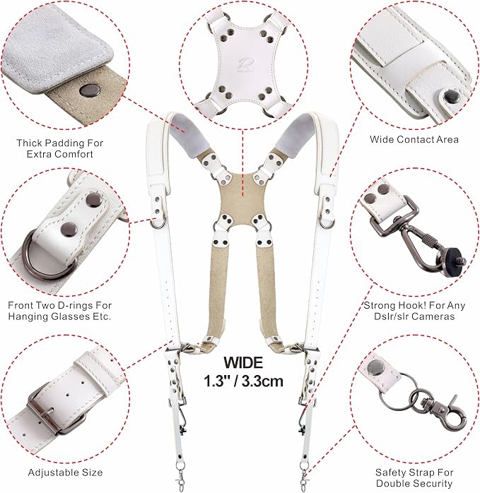 Padwa Lifestyle White Dual Camera Harness for Two Cameras - Wide Strap with Thick Shoulder Padded,Full Grain Leather Double Harness,Multi Camera Gear for DSLR Strap for Photographers - Image 2