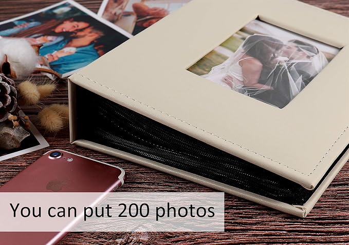 RECUTMS Photo Album 4x6 200 Pockets Leather Cover Wedding Photo Book Beige | Black Page, Horizontal Pockets, Small Albums for Family Anniversary Travel, DIY Cover Window, Baby Photobook, Slip-in Picture - Image 7