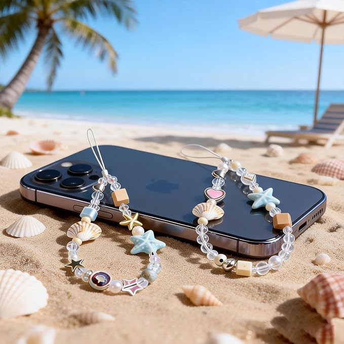 2 Pcs Phone Charm Strap Universal Hand Phone Wrist Strap Camera Lanyard Pearl Beaded Cute Chain String Accessories Universal for iPhone 16 Pro Max Samsung Women Girls Phones Bag Keychain Beach Style - Image 5