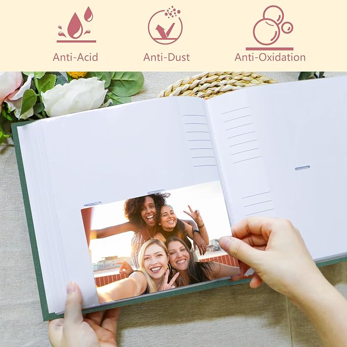 Holoary Photo Album 4x6 200 Photos, 200 Pockets 4”x6” Picture Album, Linen Fabric Cover Big Picture Book for Photos with Writing Area, 4x6 Photo Albums for Family Weddings Travel Memories(Dark Green) - Image 5