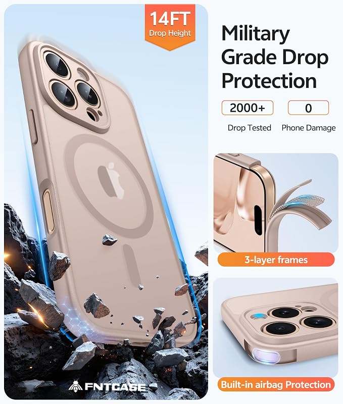 FNTCASE for iPhone 16 Pro Case, Fit for Magsafe, with Screen Protector | Full Camera Protection, Translucent Matte, 14FT Military Grade Drop Proof, Shockproof Protective Phone Cover, Desert Gold - Image 5