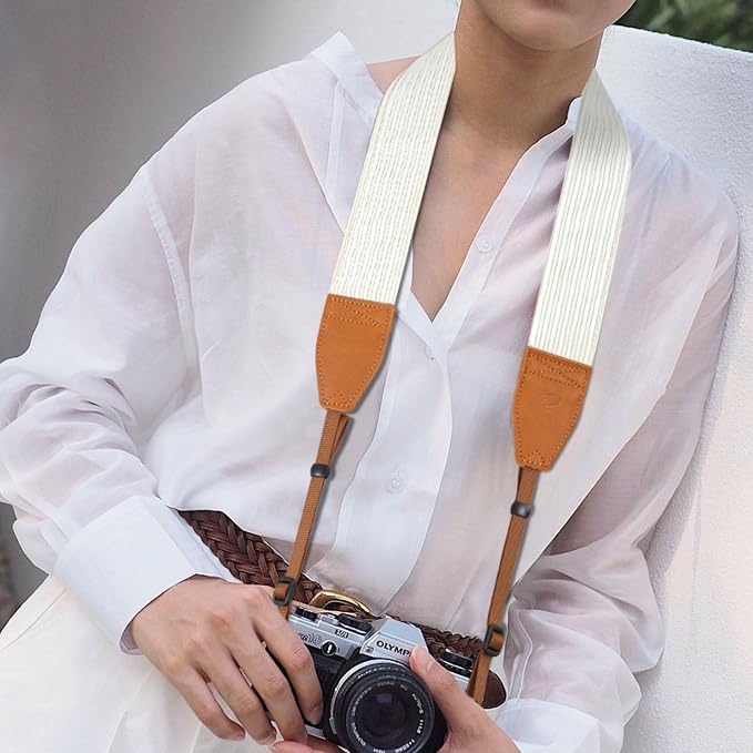 Padwa Lifestyle Corduroy Camera Strap - 2" Double Layer Full Grain Cowhide Leather Head Camera Straps for Photographers, Unique Soft Corduroy Fabric with Quick Release fits all Cameras(White) - Image 2
