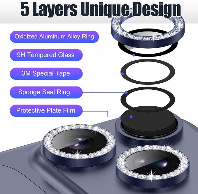 AGVEE 3+3 6 Pack for iPhone 17 Pro & Max Camera Lens Protector Cover | Individual Bling Diamond & Bling Glitter Sparkle Cute Gem Metal Ring, 9H Tempered HD Glass - Image 7