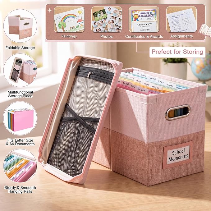 1 Set School Memory Box Organizer, School Keepsake Organizer K-12,Pink | with 15 Hanging File Folders, 4 Labels, 3 Sticker, Mesh-Pocket Lid, for Letter/A4, Report Cards, Photos, Awards, File Keeper - Image 4