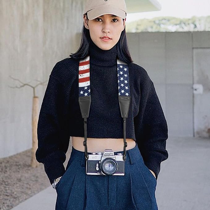 Padwa Lifestyle American Flag Print Camera Strap - 2" Full Grain Leather Ends, Vintage Flag Pattern Camera Straps for Photographers, Soft Chamois Velvet Padded Strap Quick Release fits All Cameras - Image 5