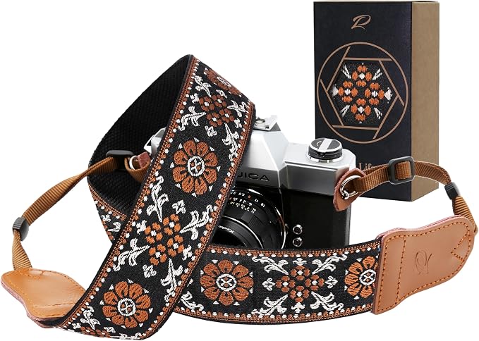 Padwa Lifestyle Brown Flower Camera Strap - 2" Wide Double Layer Cowhide Head Cotton Strap,Vintage Jacquard Embroidery Universal Neck & Shoulder Camera Straps for Photographers and All DSLR Cameras by PadwaLifestyleCameraStrap