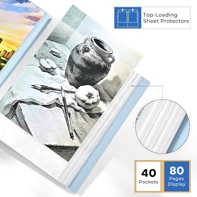 XRUNMIX Art Portfolio 8.5X 11 Inch, 40 Pockets (80 Pages Capacity) Letter Size Display Book with Clear Sheet Protectors, Presentation Folder for Artwork/Documents/Photos - Image 3