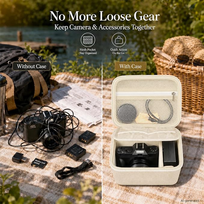 Comecase Large Travel 4K Vlogging Camera Case for Duluvulu/for AUREAPI | Outdoor Camera Storage with 2 Divider and Mesh Pocket, for Vloggers and Content Creators, Trip Ready, Off-White - Case Only - Image 3