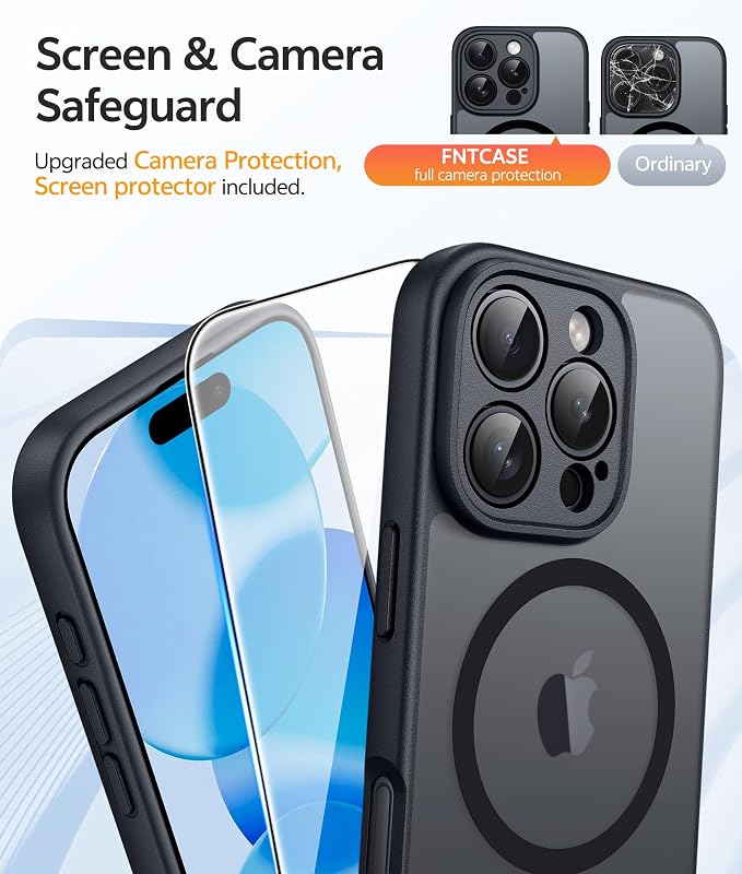 FNTCASE for iPhone 16 Pro Max Case, Fit for Magsafe, Glass Screen Protector | Full Camera Protection, Translucent Matte, 14FT Military Grade Drop Proof, Shockproof Protective Phone Cover, Black - Image 4
