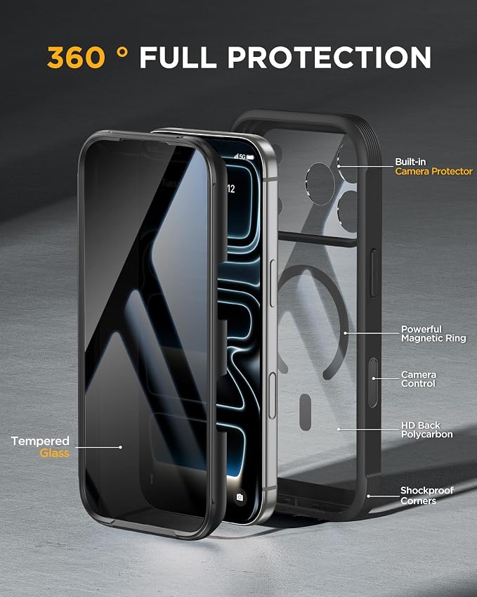 Miracase for iPhone 17 Pro Max Case with Privacy Screen Protector, Black | Compatible with MagSafe, 360° Full Body Protection, Full Camera Protection, Military-Grade Shockproof Phone Case 6.9" - Image 3