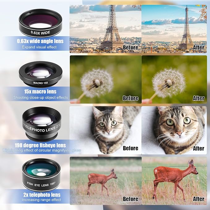 Copkim 16 Pcs Phone Camera Lens Kit 16 in 1 with Selfie Light Universal Clip on Cell Phone 198 Degree Fisheye Wide Angle Macro Kaleidoscope CPL Lens Attachments Compatible with Most Phones - Image 4
