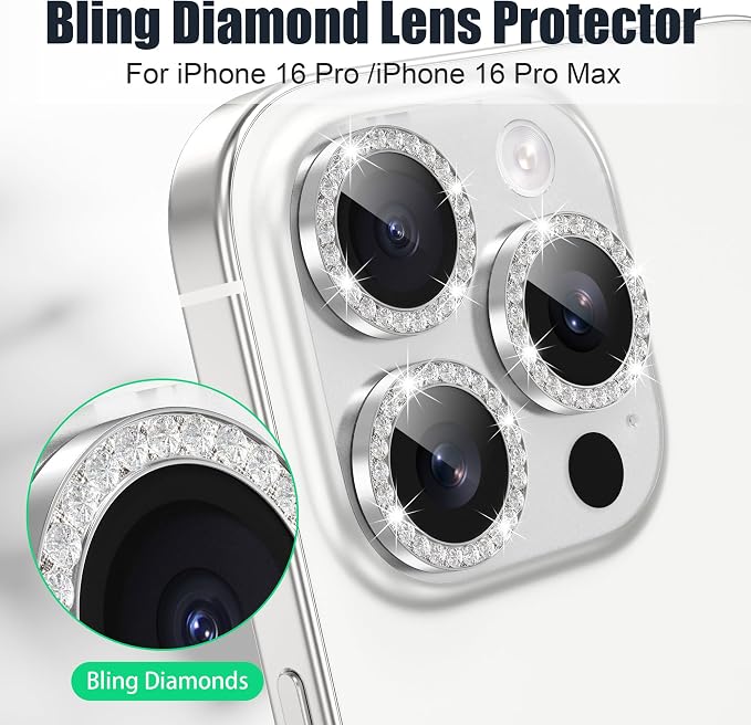 AGVEE 3+3 6 Pack for iPhone 16 Pro & Max Camera Lens Protector Cover | Individual Bling Diamond & Bling Glitter Sparkle Cute Gem Metal Ring, 9H Tempered HD Glass - Image 4