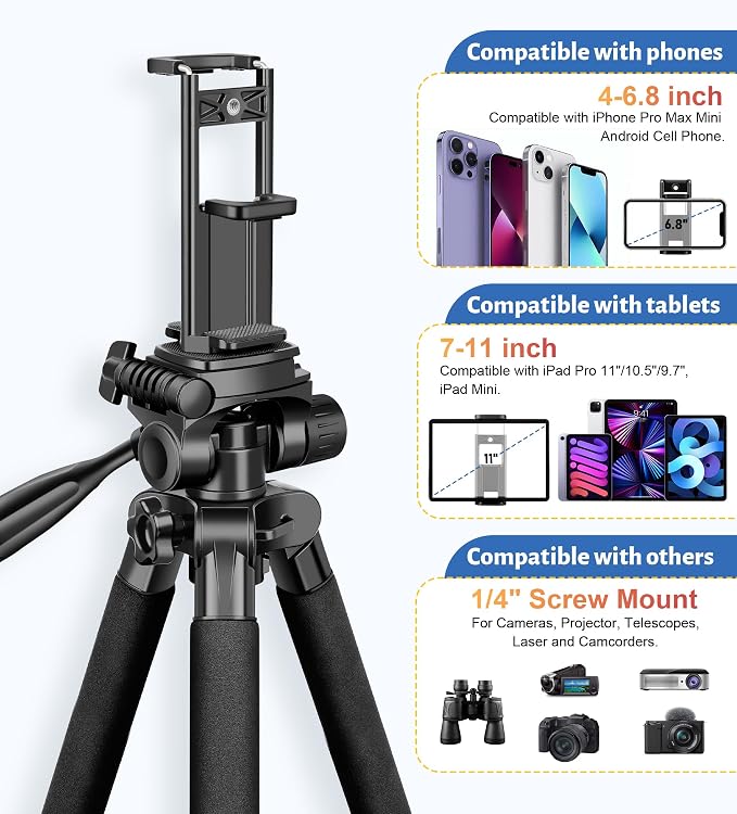 JOILCAN Tripod for Camera, 67" Heavy Duty Camera Tripod, Phone Tripods for Video Recording Photo Vlog, Aluminum Tripods with Holder & Travel Bag for Cameras DSLR iPhone Projector Laser - Image 6