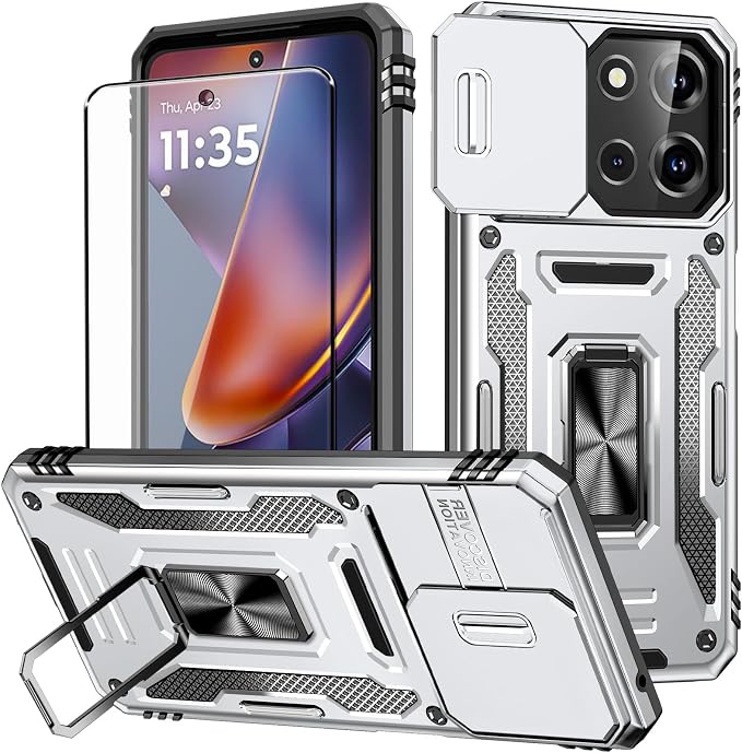 for Moto G 2025 Case with Screen Protector and with Camera Cover, 360°Military Grade Rotatable Kickstand (Heavy Duty) Shockproof Protective, Case for Moto G 2025 Grey by Aozuoton