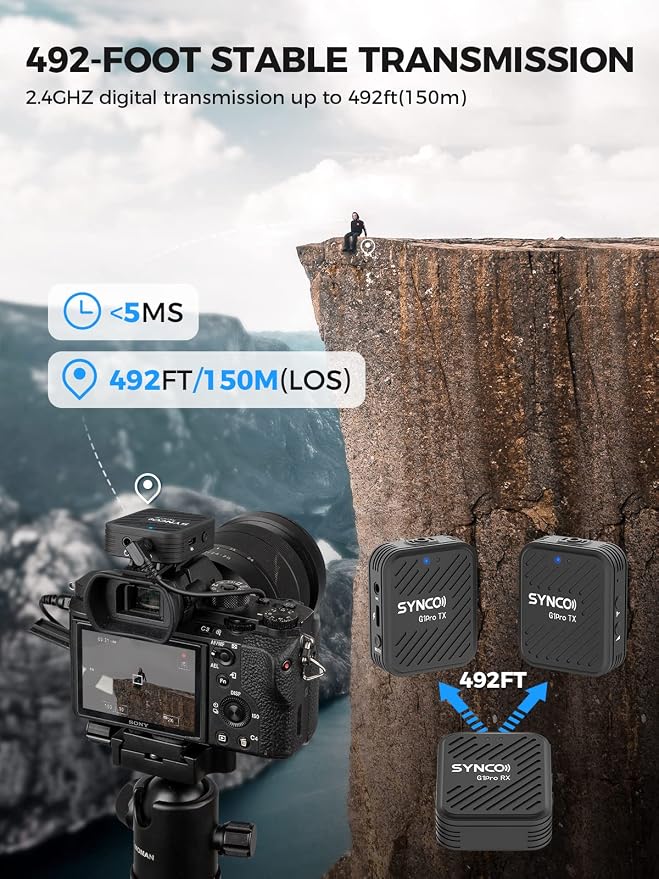 SYNCO Wireless Lavalier Microphones & System, G1(A2) Pro Lapel Mic Dual Pack with Charging Case Noise Cancellation 492FT 8H for Online Class/YouTube/Tiktok, Vlogging-Lav-Mics-for-Camera - Image 2