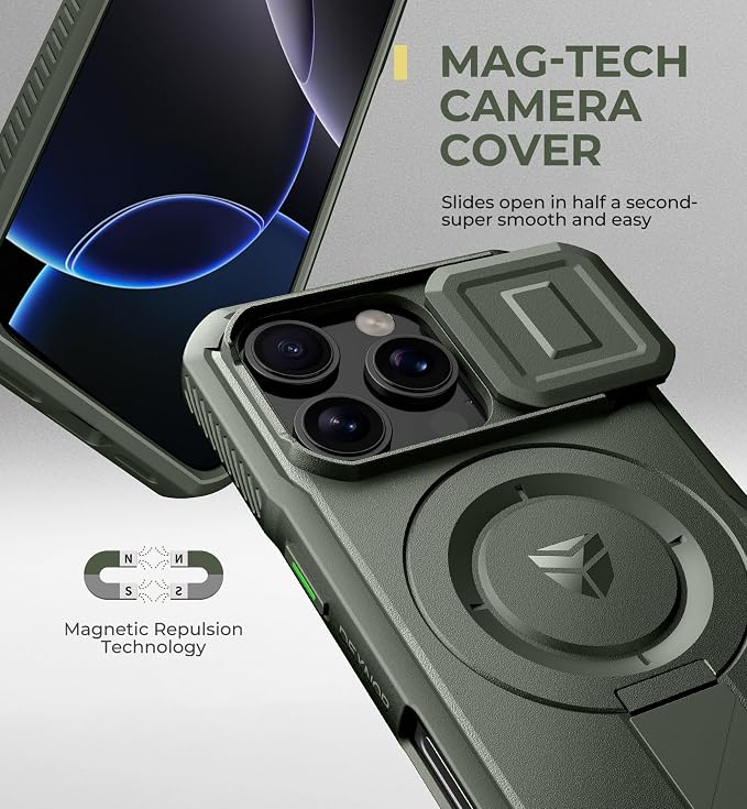Dexnor for iPhone 16 Pro Case with Slide Camera Cover & Adjustable Kickstand, Magnetic Rugged Shockproof Bumper Cases Heavy-Duty Mangetic Protective Cover,Army Green - Image 4