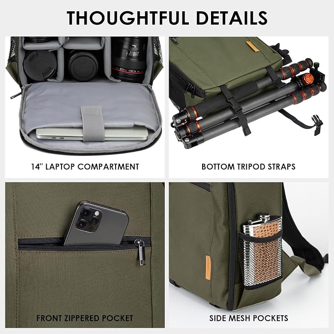 TARION Camera Backpack for Photographers Compact 12L Green TB-S | 14 Inch Laptop Compartment, Rain Cover, Bottom Tripod Holder, for DSLR Mirrorless Cameras, Everyday Shooting - Image 4