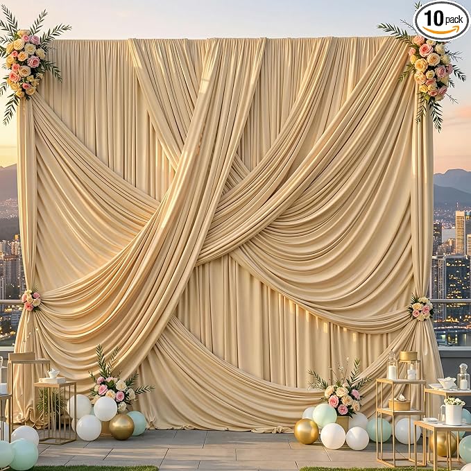 50x12 ft Champagne Backdrop Curtains for Weddings, Birthdays and Photos | 10 Panels 5x12 ft, Wrinkle-Free Polyester Drapes, Washable, Ironable, 4 in Rod Pocket for Baby Showers Photography Background by PartyVillage