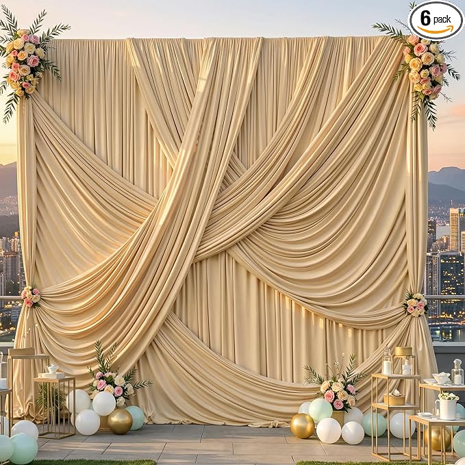 30x12 ft Champagne Backdrop Curtains for Weddings, Birthdays and Photos | 6 Panels 5x12 ft, Wrinkle-Free Polyester Drapes, Washable, Ironable, 4 in Rod Pocket for Baby Showers Photography Background by PartyVillage
