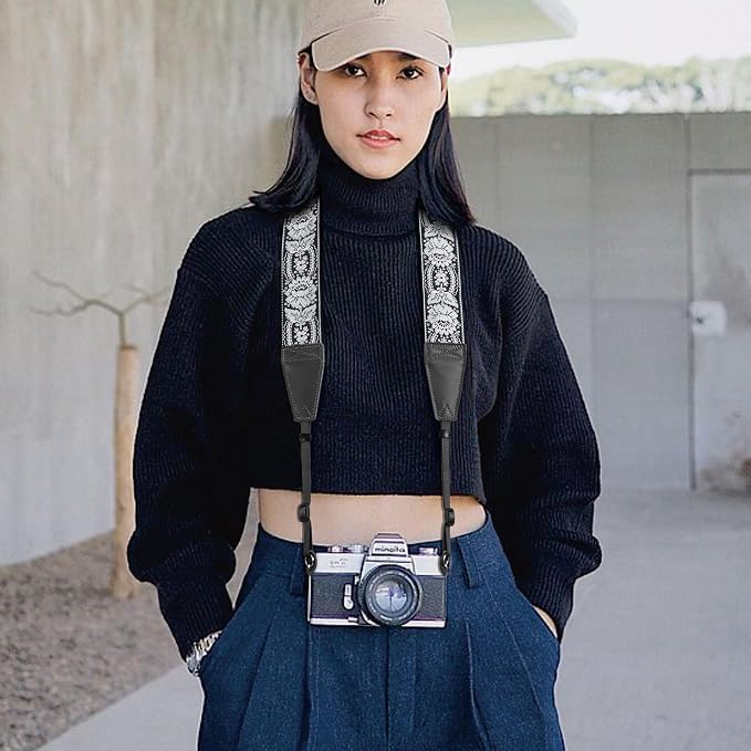 Padwa Lifestyle Camera Strap - 2" Full Grain Leather Ends Camera Straps for Photographers, Vintage Embroidered Cotton Weave Soft Suede Fabric Padded Strap Quick Release fits All Cameras - Image 4