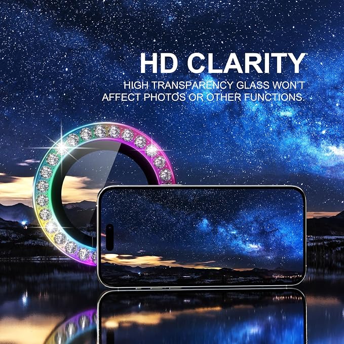 Choiche for iPhone 15 Pro/iPhone 15 Pro Max Camera Lens Protector | Ultra HD, Bling 9H Tempered Glass Camera Cover Screen Protector Metal Ring Decoration Accessories (Diamond-Colorful) - Image 5