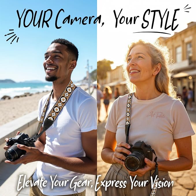 Art Tribute Camera Strap - Shoulder, Crossbody & Neck Camera Strap for Photographers, Fits All Cameras, Canon Nikon Sony Fujifilm, Padded Strap W/Quick Release, Embroidered Cotton & Leather Ends - Image 2