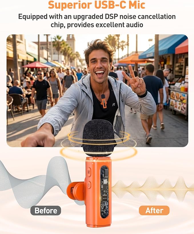 USB C Lavalier Microphone Wireless Mini Mic for Type-C Android Phone/Tablet/PC Video Recording Clip-on Mics with Rotatable Clip&Denoise Recording, Ideal for Vlog Youtube Content Creator, Orange - Image 3