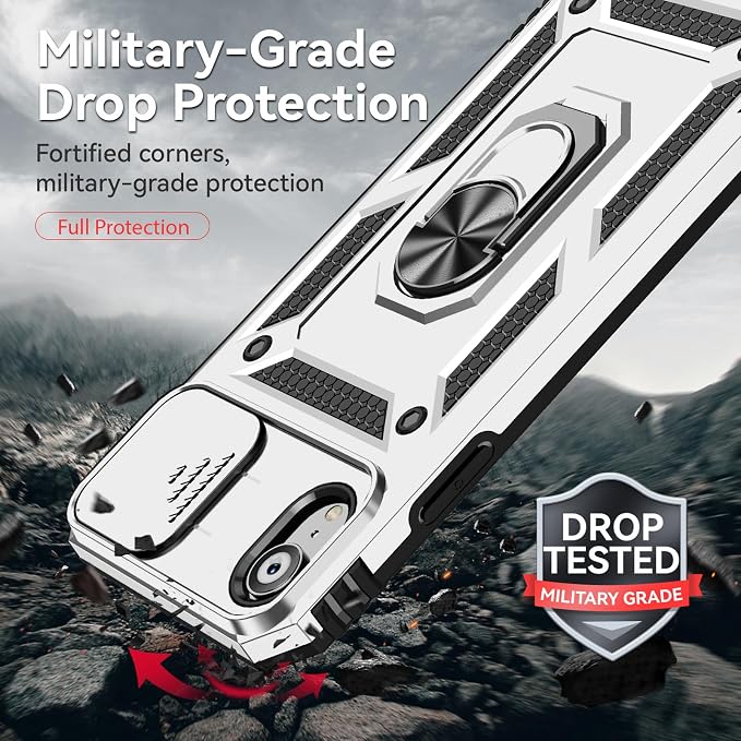 HNHYGETE for iPhone XR Phone Case with HD Screen Protector: [Military Grade 20ft. Drop Tested] Slide Camera Cover Ring Shockproof Protective Phone Case for - iPhone XR (Silver) - Image 2