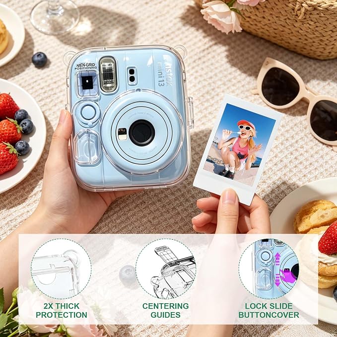 Clear Camera Case for Fujifilm Instax Mini 13, Blue Camera Strap | Protective Cover with Anti-Accidental Shutter, 4 Composition Cards, Photo Storage Holds 10 Films,Clear Hard Shell, No Camera - Image 5