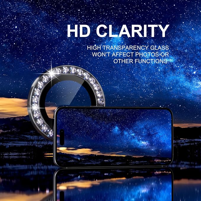 Choiche for iPhone 17 Camera Lens Protector Bling, Diamond-Black | Ultra HD, 9H Tempered Glass Camera Cover Screen Protector Metal Individual Ring Decoration Accessories, 2-Lens, 6.3-inch - Image 5