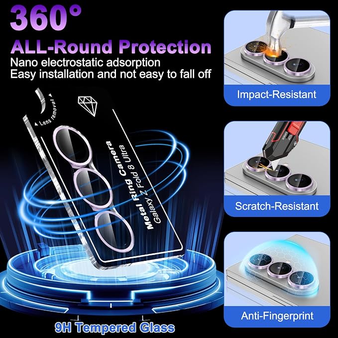 Meshine for Samsung Galaxy Z Fold 8 Ultra Camera Lens Protector,Scratch Proof,Strong Adsorption,9H Hardness with Metal Ring Camera Cover,Case Friendly,Accessories Lens Protector,Purple - Image 3