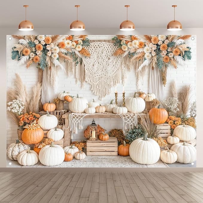 Fabric 7x5ft Autumn Boho Pumpkin Backdrop Fall Harvest Banner | Thanksgiving Day Floral Photography Background, Family Girl Women Party Decorations, Wedding Baby Shower Photo Props - Image 2