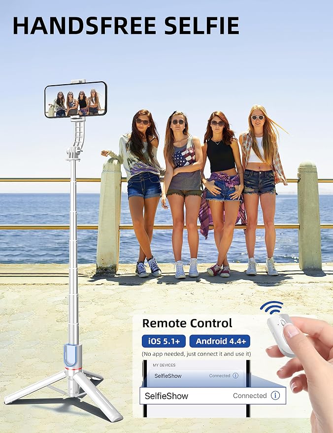 SelfieShow Phone Tripod & Selfie Stick, 41" Extendable Travel Tripod Stand with Detachable Remote, 360 Rotation, Compatible with iPhone/Samsung/GoPro & More (White) - Image 6