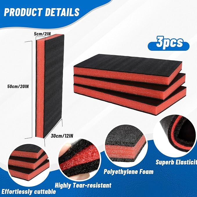 3 Pcs Tool Box Foam Sheet - 20'' x 12'' x 2'' Liner Polyethylene Storage Sheets Foam Padding Inserts for Packing Toolbox Hard Case Drawer Camera Shadow Organizer - Image 2