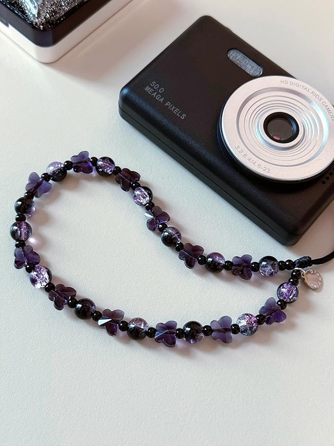 Drawwind Phone Charm Strap Cute Wrist Straps Cell Phone Charm String Y2K Aesthetic Lanyard Wristlet Chain for Case Camera AirPods Bags Keychains (Purple Butterfly) - Image 4