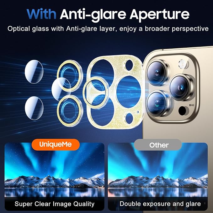 UniqueMe for iPhone 14 Pro Max/14 Pro Camera Lens Protector-Glitter Golden | 3 Pack-Acrylic, Not Glass, Case Friendly, Scratch-Resistant, Night Shooting Mode - Image 3