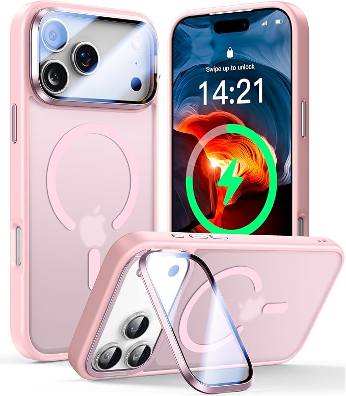 VOFATA [Upgraded Full Camera Protection] for iPhone 17 Pro Max Case with Camera Cover Stand [Fit for MagSafe][10FT Mil-Grade Protection] Translucent Magnetic iPhone 17 Pro Max Phone Case, Pink by VOFATA