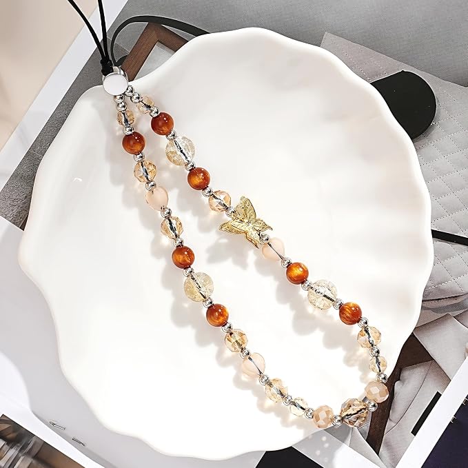 Cell Phone Charm Beaded Phone Wrist Strap Warm Tone Crystal Aesthetic Handmade Anti-Lost Chain Bracelet for iPhone Samsung All Smartphones Boho Fall Wristlet Women Girls Vintage Amber Gold Butterfly - Image 5