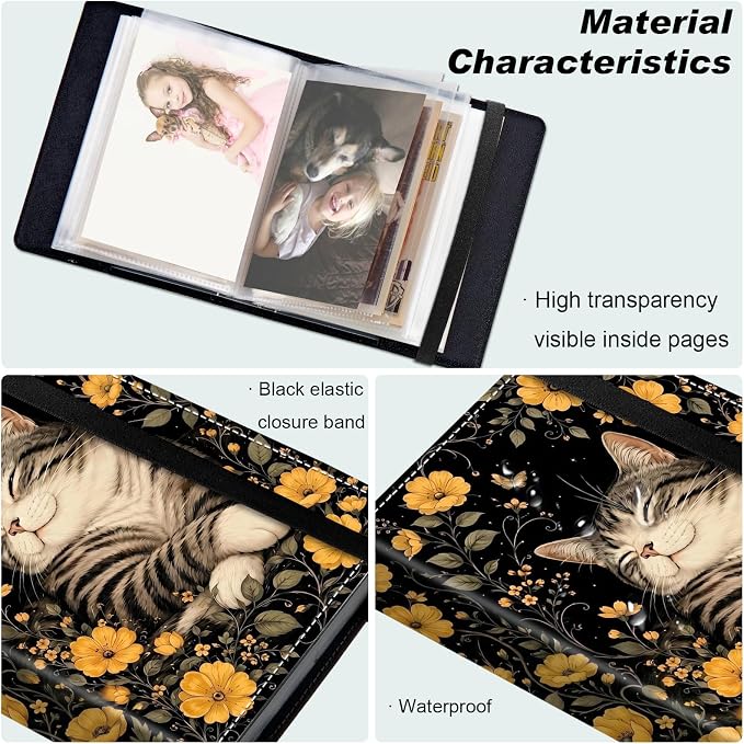 Small Photo Album 5x7, 60 Pockets Holds 120 Photos, Slip-in Pocket Photo Storage Book with Black Elastic Band for Family Wedding Baby Travel Pictures, Cute Tabby Cat Yellow Wildflower - Image 5