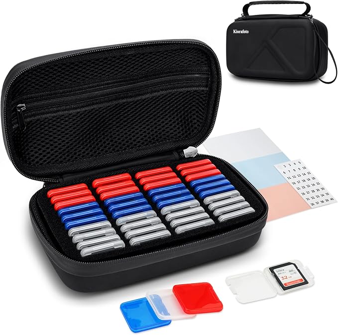 EVA PU SD Card Case with 40 PCS Individual Plastic Memory Card Holder for 40 SD SDXC SDHC Cards,Dual Protect Water-Resistant Anti-Shock SD Card Carrying Case Organizer with Handle & Labels by Kiorafoto