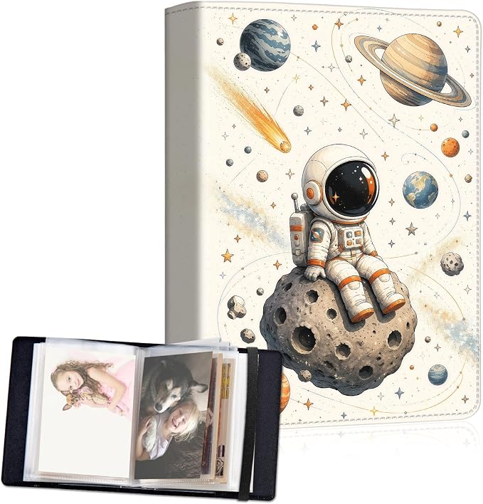 Small Photo Album 5x7, 60 Pockets Holds 120 Photos, Slip-in Pocket Photo Storage Book with Black Elastic Band for Family Wedding Baby Travel Pictures, Cute Astronaut Asteroid Space by Unknown