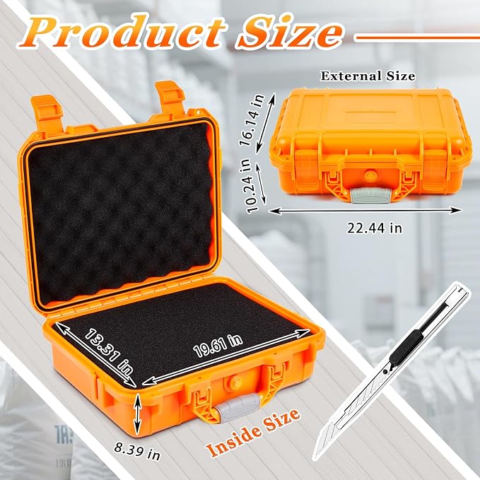 Relaxweex 1 Pcs Waterproof Hard Case with DIY Customizable Foam Insert Portable Protective Case with Knife for Camera Drones Equipments Tools Test Instruments(Orange,22.4 x 16.1 x 10.2 Inch) - Image 2