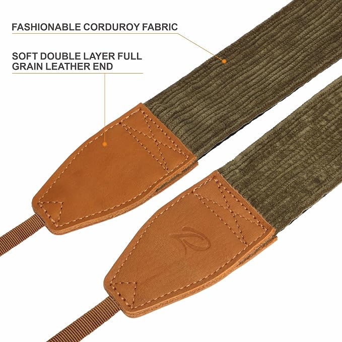 Padwa Lifestyle Olive Green Corduroy Camera Strap - 2" Double Layer Full Grain Cowhide Leather Head Camera Straps for Photographers, Unique Soft Corduroy Fabric with Quick Release fits all Cameras - Image 3