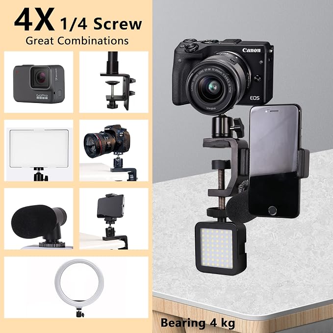 C Clamp Camera Clamp Mount with 1/4" Screw for Photo Studio Video DSLR,Cameras, Light Stand, Desk, Rods, Hooks, Shelves, Cross Bars - Image 3